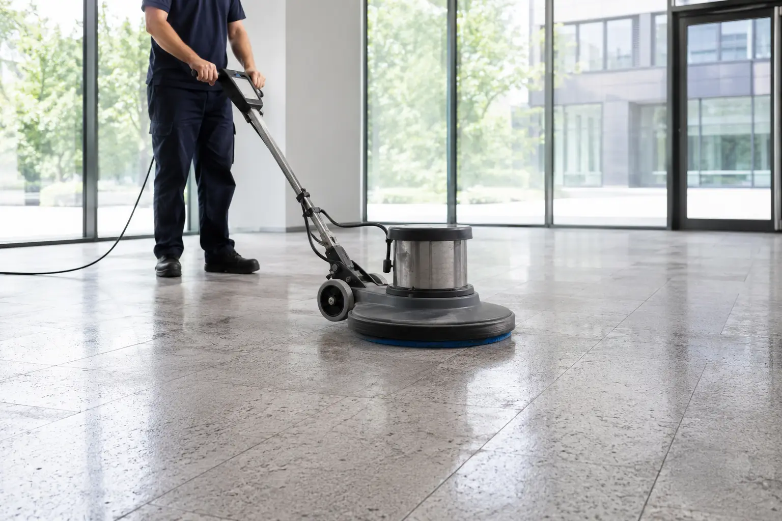 Grundreinigung: Steinboden wird mit einer Einscheibenmaschine bearbeitet Grundreinigung: Steinboden wird mit einer Einscheibenmaschine bearbeitet